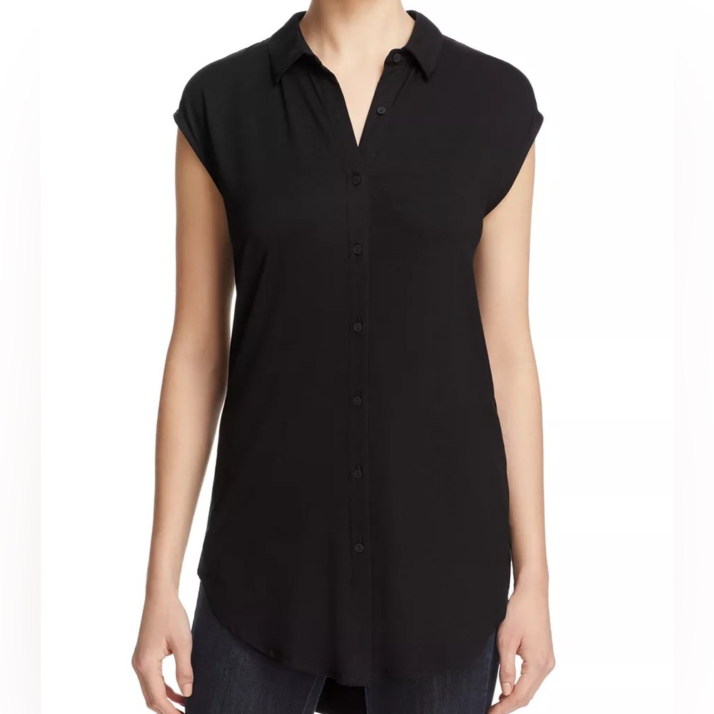 Eileen Fisher Black Classic Collar Cap Sleeve Button Down Shirt